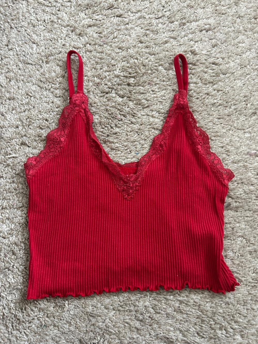 Red Ribbed Lace Trim Cami Tank Top